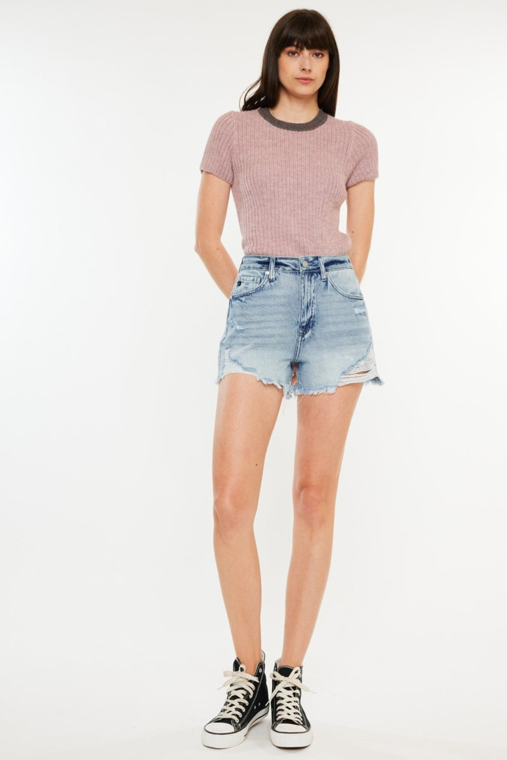 Kancan Distressed High Waist Denim Shorts with Pockets-TOPS / DRESSES-[Adult]-[Female]-2022 Online Blue Zone Planet