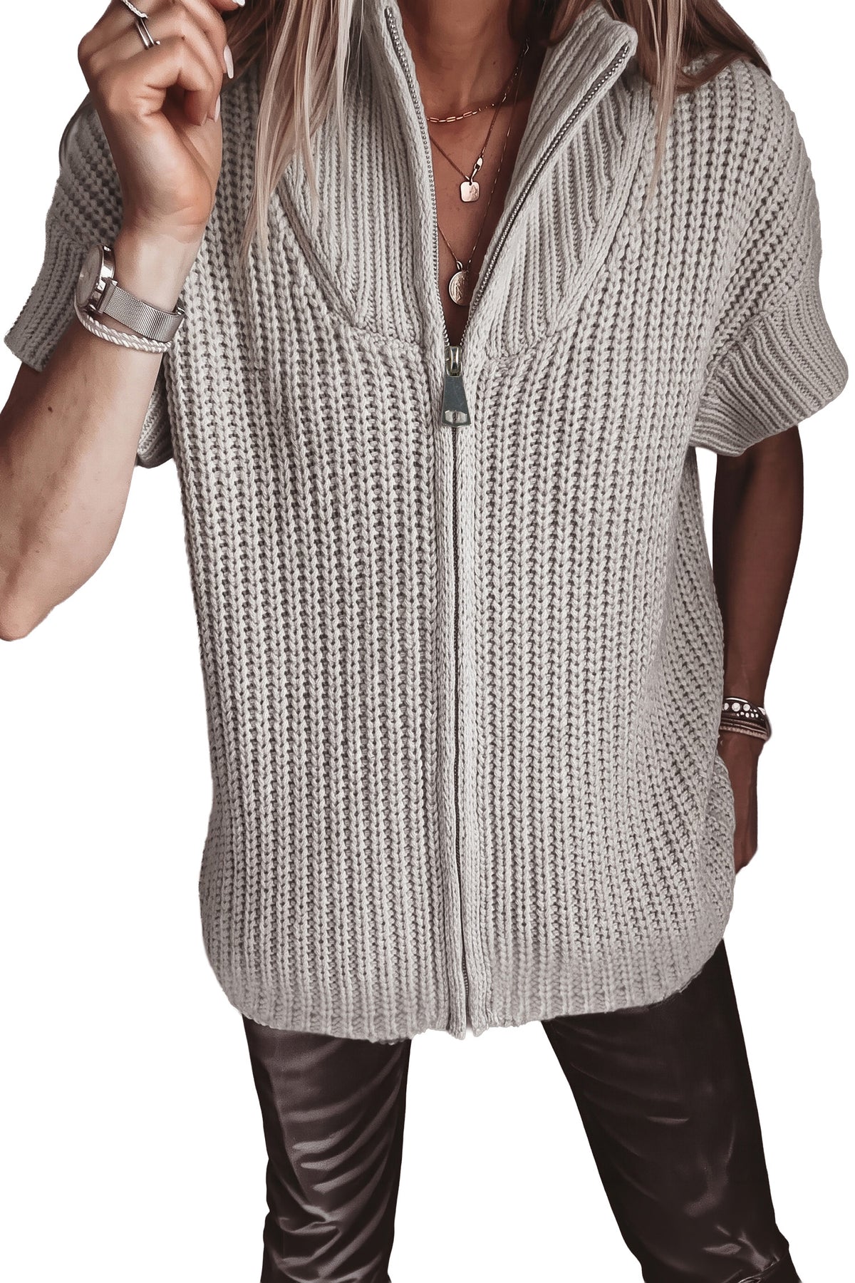 Jet Stream Solid Color Short Sleeve Zipper Knit High Neck Sweater-Sweaters & Cardigans/Short Sleeve Sweaters-[Adult]-[Female]-2022 Online Blue Zone Planet