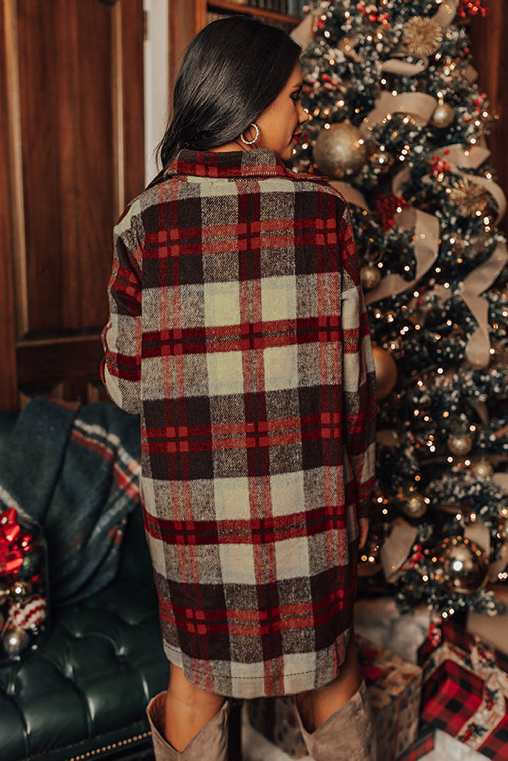 Red Brushed Plaid Buttoned Front Side Slit Tunic Shacket-Outerwear/Plaid Shackets-[Adult]-[Female]-2022 Online Blue Zone Planet
