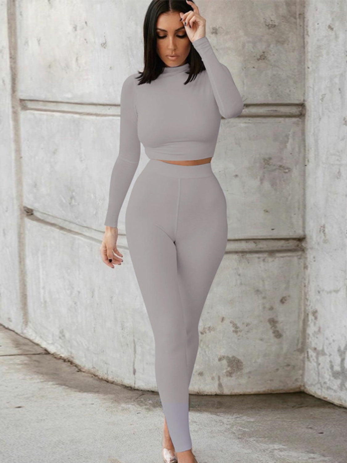 Blue Zone Planet | Mock Neck Long Sleeve Top and High Waist Pants Set-TOPS / DRESSES-[Adult]-[Female]-Gray-S-2022 Online Blue Zone Planet