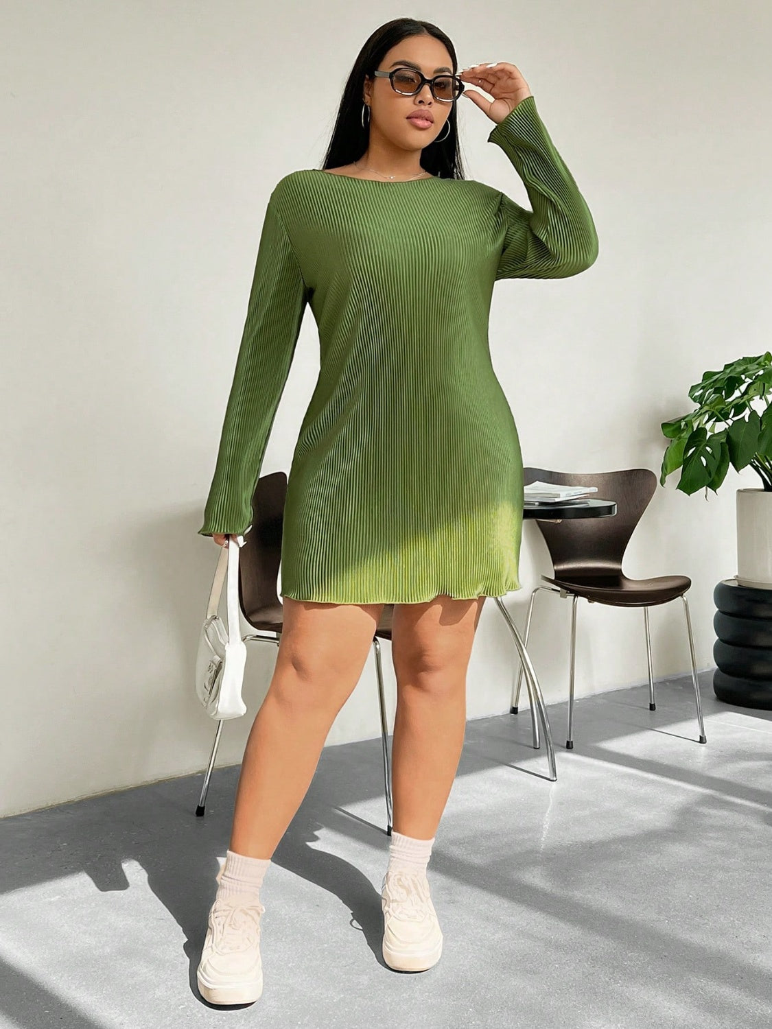 Honey Plus Size Lettuce Hem Round Neck Long Sleeve Dress-TOPS / DRESSES-[Adult]-[Female]-2022 Online Blue Zone Planet