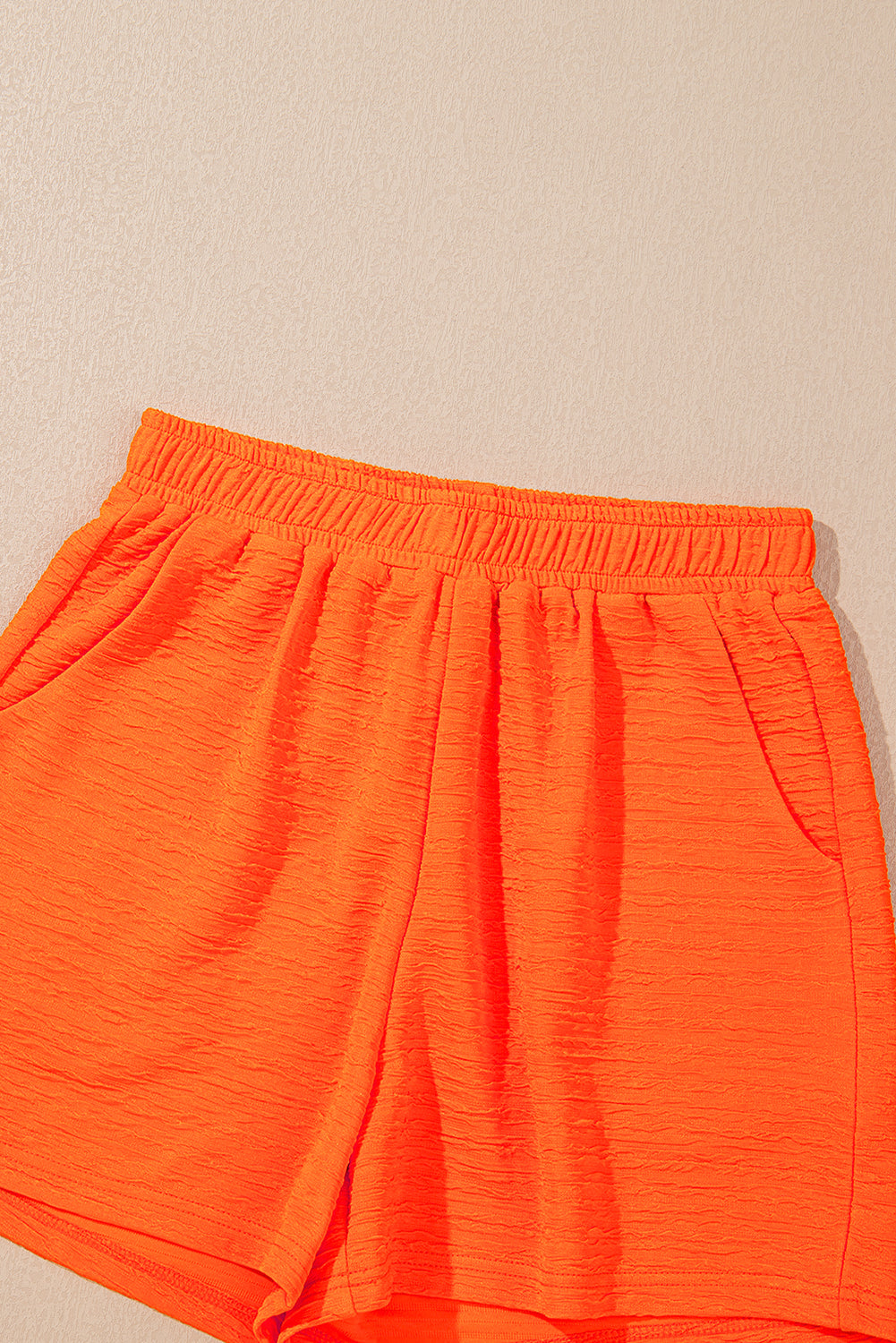 Orange Textured V Neck T Shirt and Shorts Set-Two Piece Sets/Short Sets-[Adult]-[Female]-2022 Online Blue Zone Planet