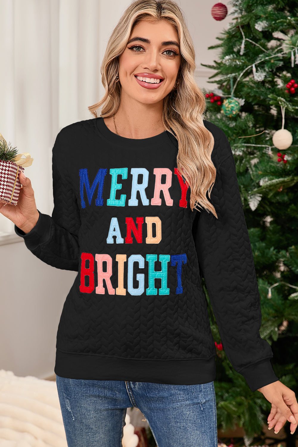 White Merry and Bright Quilted Sweatshirt-Sweatshirts & Hoodies-[Adult]-[Female]-2022 Online Blue Zone Planet