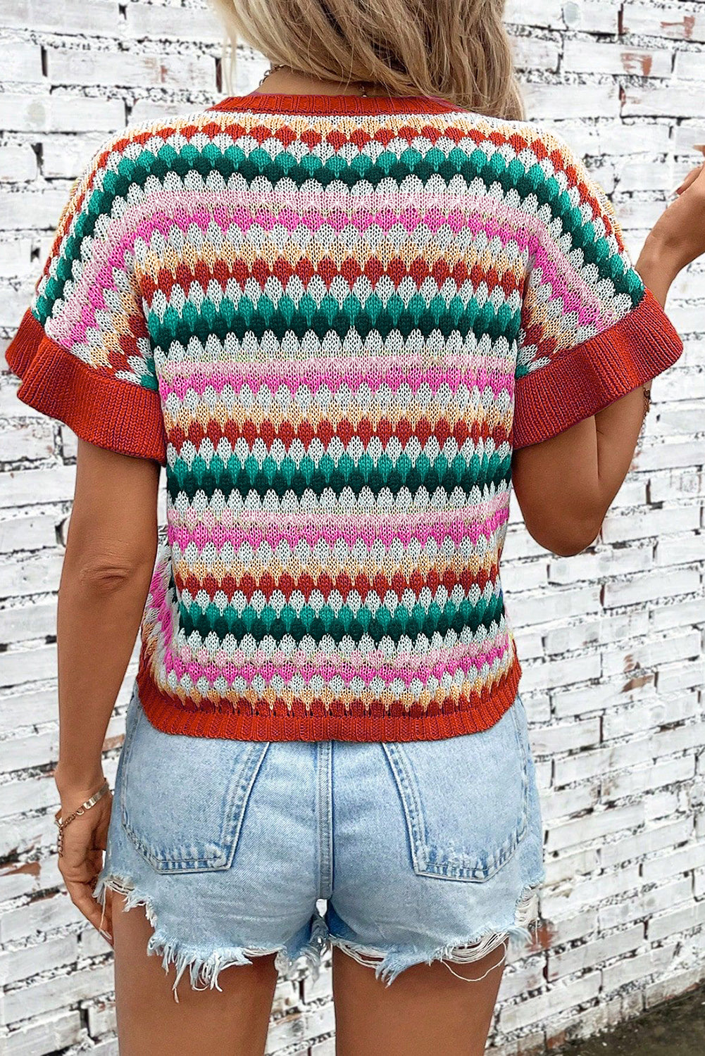Khaki Trimmed Ruffle Sleeve Colorful Textured Sweater-TOPS / DRESSES-[Adult]-[Female]-2022 Online Blue Zone Planet