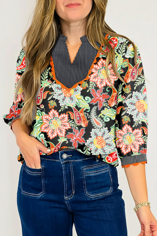 Black Contrast Ricrac Trim Striped Edge Patchwork Floral Print Blouse-Tops/Blouses & Shirts-[Adult]-[Female]-Black-S-2022 Online Blue Zone Planet