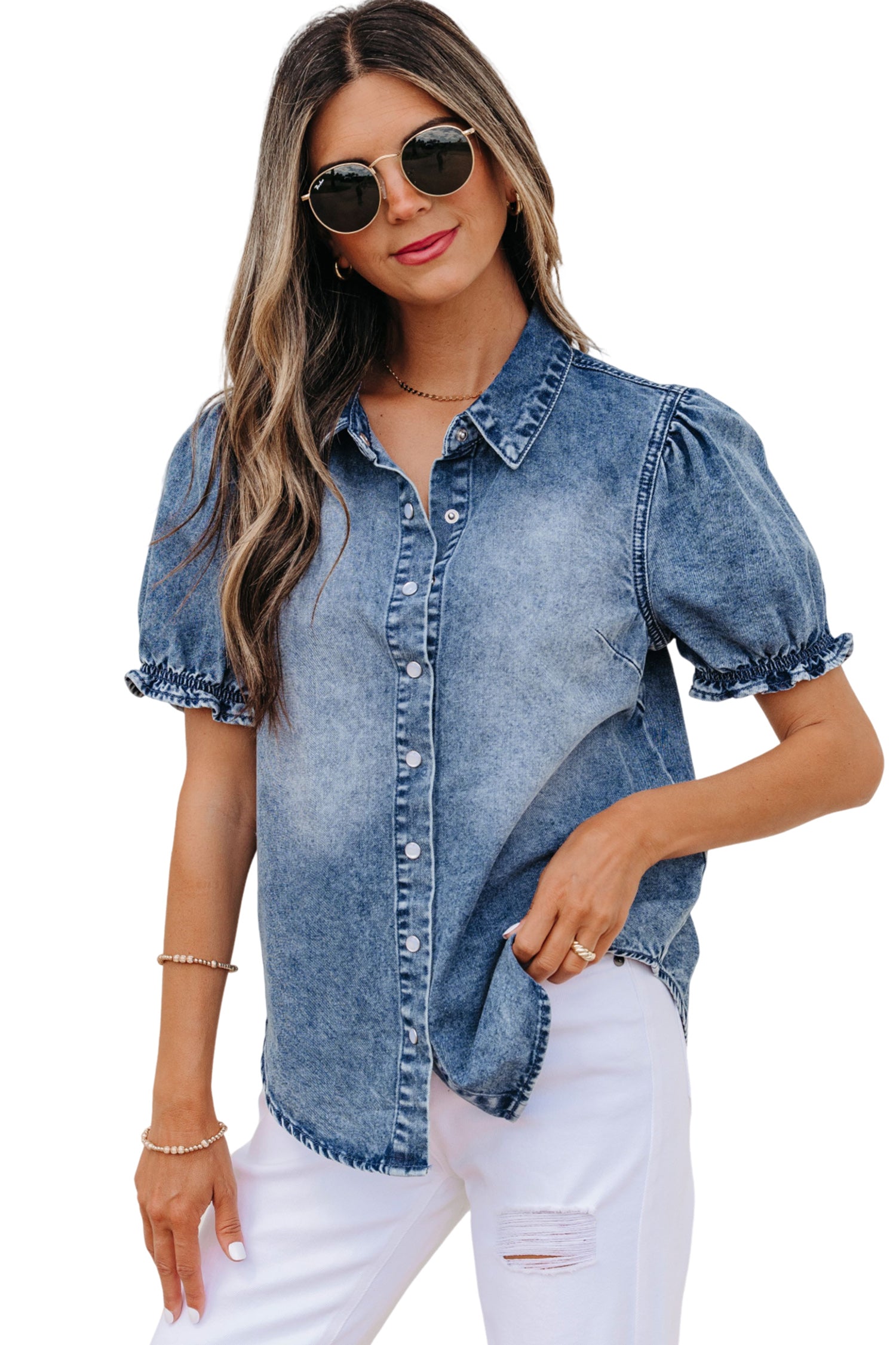 Beau Blue Frilled Short Sleeve Snap Button Denim Shirt-Tops/Blouses & Shirts-[Adult]-[Female]-2022 Online Blue Zone Planet