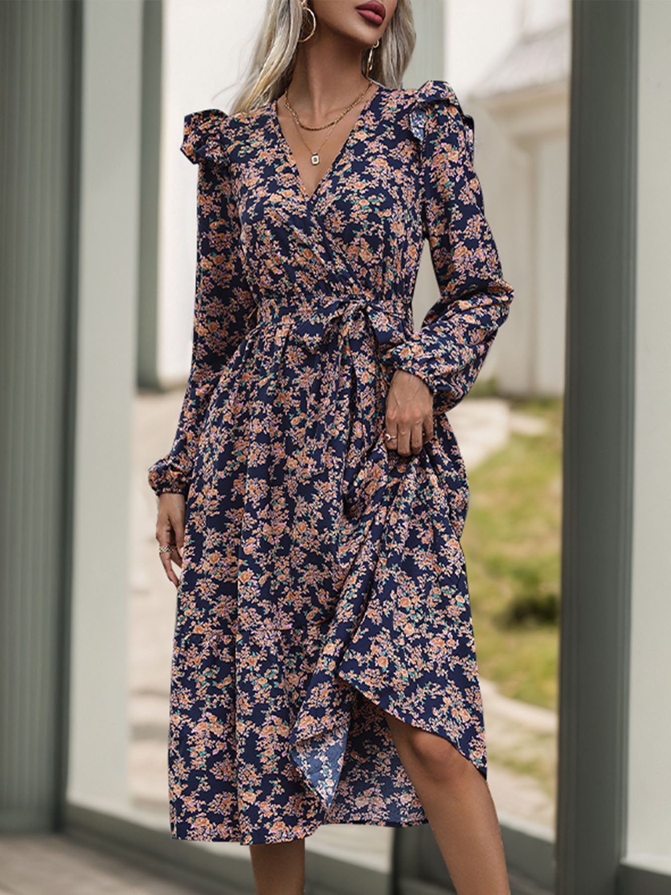 Printed Surplice Long Sleeve Midi Dress-TOPS / DRESSES-[Adult]-[Female]-2022 Online Blue Zone Planet