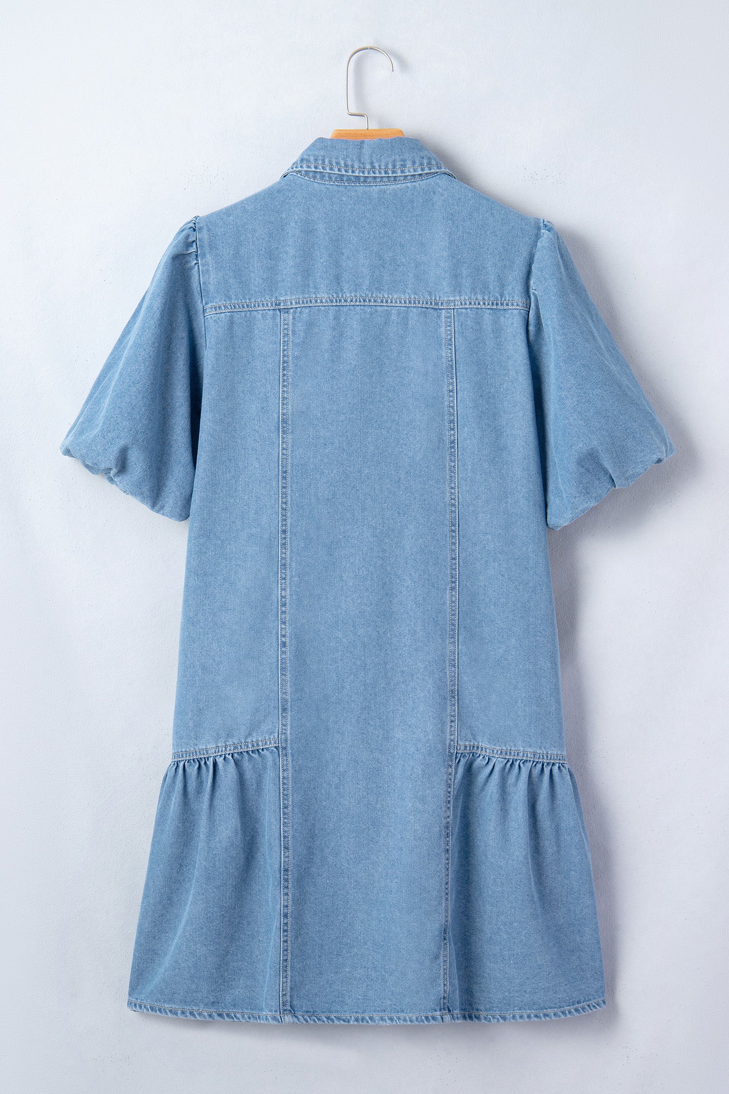 Beau Blue Button Down Short Puff Sleeve Ruffle Hem Patchwork Denim Dress-TOPS / DRESSES-[Adult]-[Female]-2022 Online Blue Zone Planet