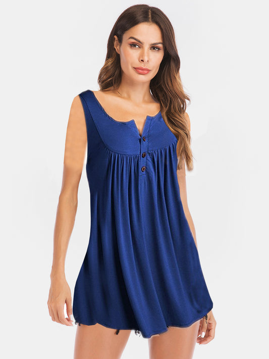 Blue Zone Planet | Curved Hem Ruched Notched Tank-TOPS / DRESSES-[Adult]-[Female]-Dark Blue-S-2022 Online Blue Zone Planet