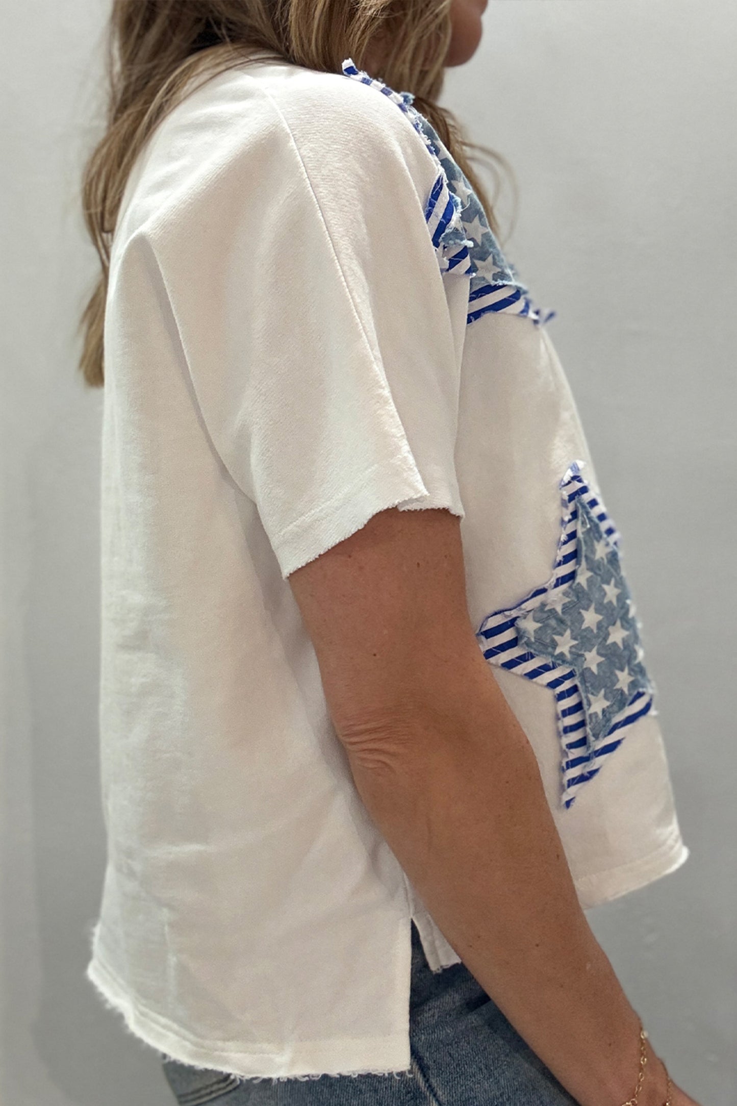 White Patriot Star Patched Notched Neck Mineral Washed Tee-Tops/Tops & Tees-[Adult]-[Female]-2022 Online Blue Zone Planet