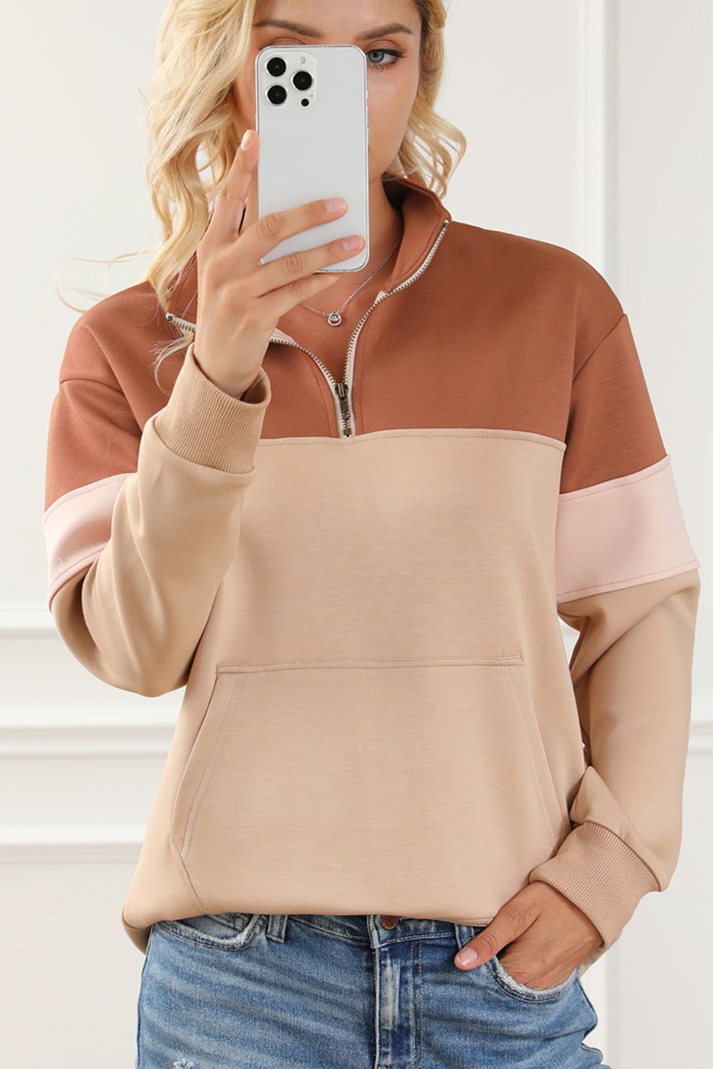 Color Block Quarter Zip Long Sleeve Sweatshirt-TOPS / DRESSES-[Adult]-[Female]-2022 Online Blue Zone Planet