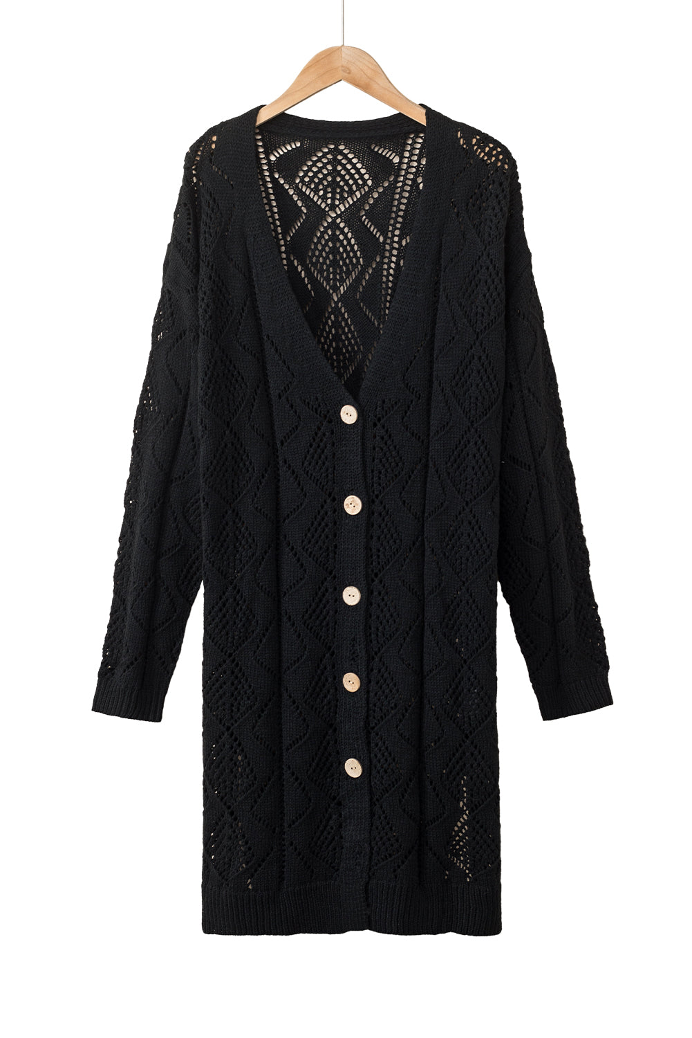 Black Button Up Hollow Out Loose Long Cardigan-Cardigans-[Adult]-[Female]-2022 Online Blue Zone Planet