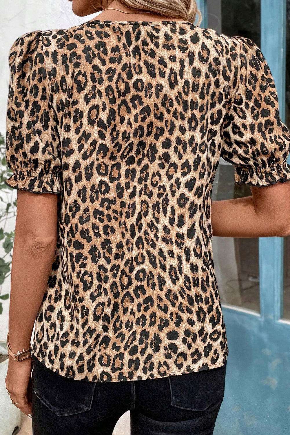 Khaki Leopard Ruffled Neck Cascading Puff Short Sleeve Top-Tops/Blouses & Shirts-[Adult]-[Female]-2022 Online Blue Zone Planet