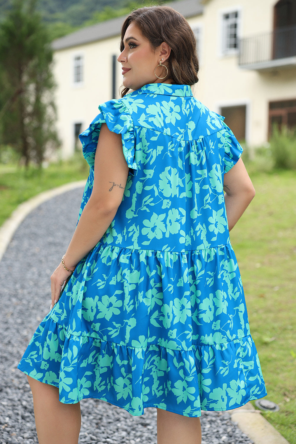 Sky Blue Plus Size Floral Print Flutter Sleeve Buttoned Mini Dress-Plus Size/Plus Size Dresses/Plus Size Mini Dresses-[Adult]-[Female]-2022 Online Blue Zone Planet