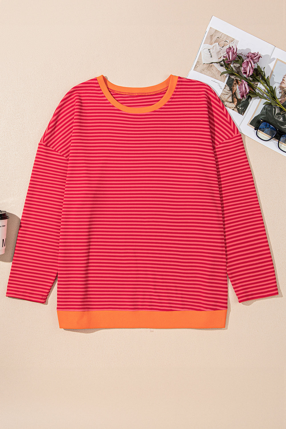 Orange Stripe Plus Size Drop Shoulder Long Sleeve Top-Plus Size Tops-[Adult]-[Female]-2022 Online Blue Zone Planet