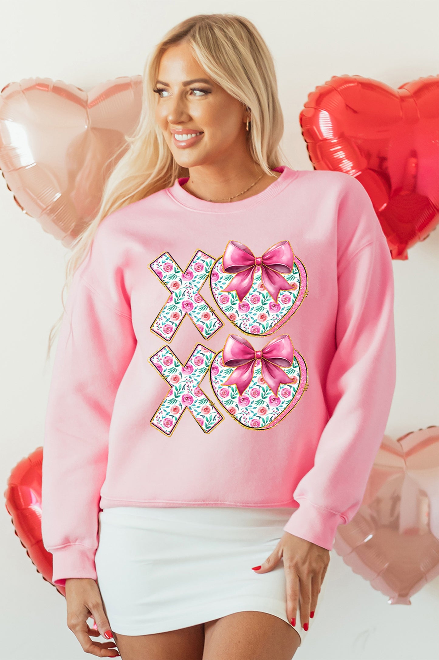 Pink Sweet Bow Floral Printed Valentines Day XOXO Sweatshirt-Graphic Sweatshirts-[Adult]-[Female]-2022 Online Blue Zone Planet