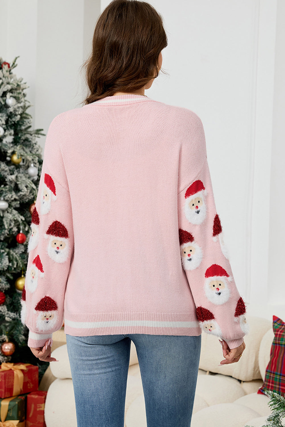 Pink Christmas Santa Claus Pattern Button V Neck Sweater Cardigan-Sweaters & Cardigans/Cardigans-[Adult]-[Female]-2022 Online Blue Zone Planet