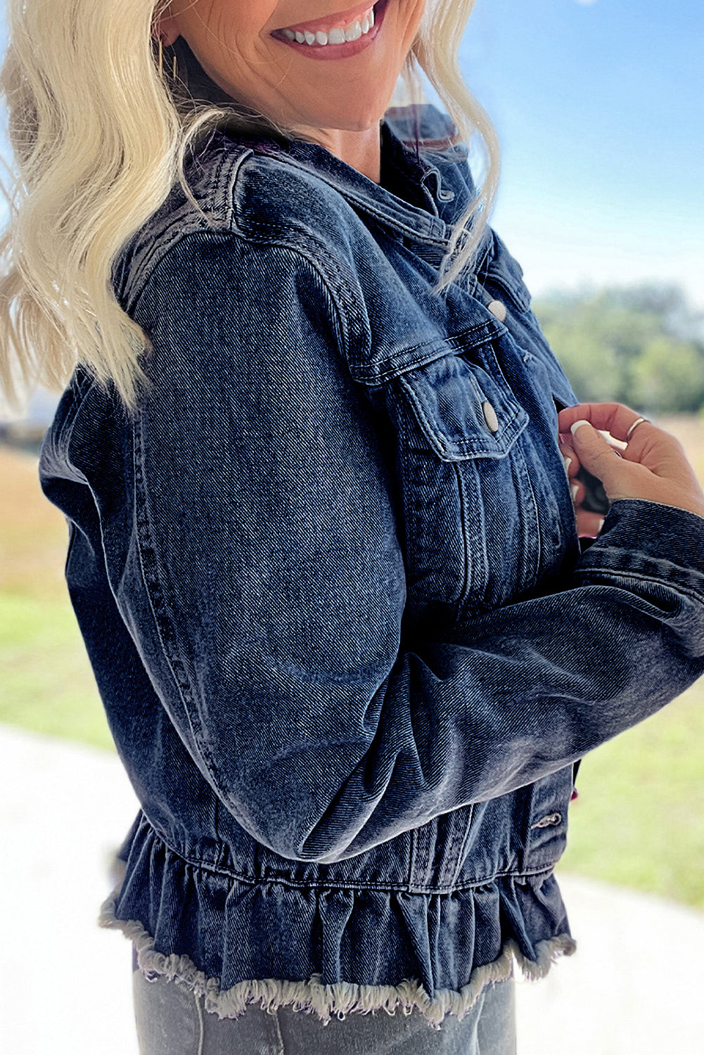 Blue Zone Planet | Navy Blue Ruffle Raw Hem Flap Pockets Denim Jacket-Outerwear/Denim jackets-[Adult]-[Female]-2022 Online Blue Zone Planet