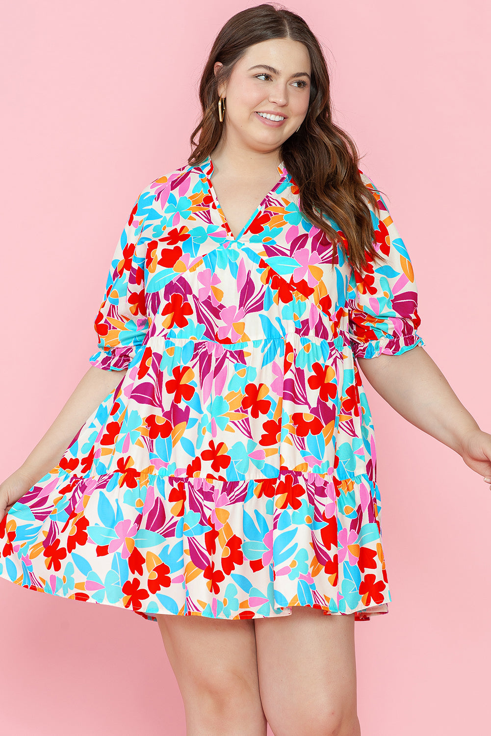 Blue Zone Planet | Multicolour Floral Tiered V Neck Plus Dress-TOPS / DRESSES-[Adult]-[Female]-Multicolour-1X-2022 Online Blue Zone Planet