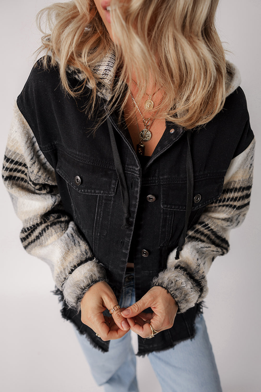 Blue Zone Planet | Black Plaid Sleeve Frayed Hem Hooded Denim Jacket-Outerwear/Denim jackets-[Adult]-[Female]-2022 Online Blue Zone Planet