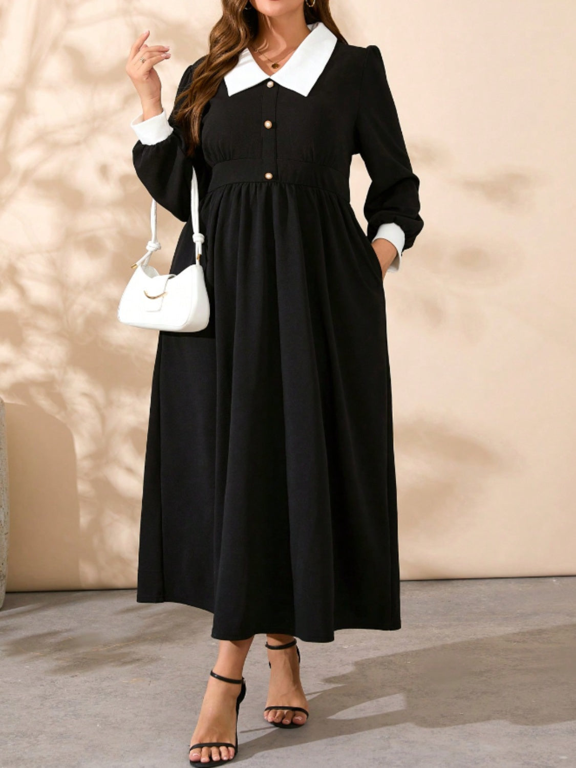 Blue Zone Planet | Plus Size Contrast Collared Neck Long Sleeve Midi Dress-TOPS / DRESSES-[Adult]-[Female]-Black-0XL-2022 Online Blue Zone Planet