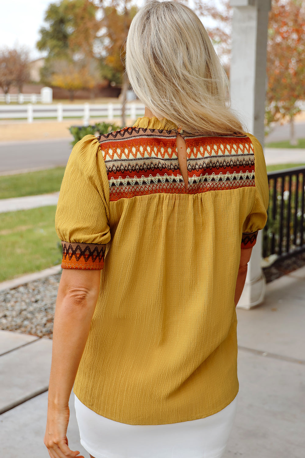 Mustard Geometric Short Puff Sleeve Frilled Collar Blouse-Tops/Blouses & Shirts-[Adult]-[Female]-2022 Online Blue Zone Planet