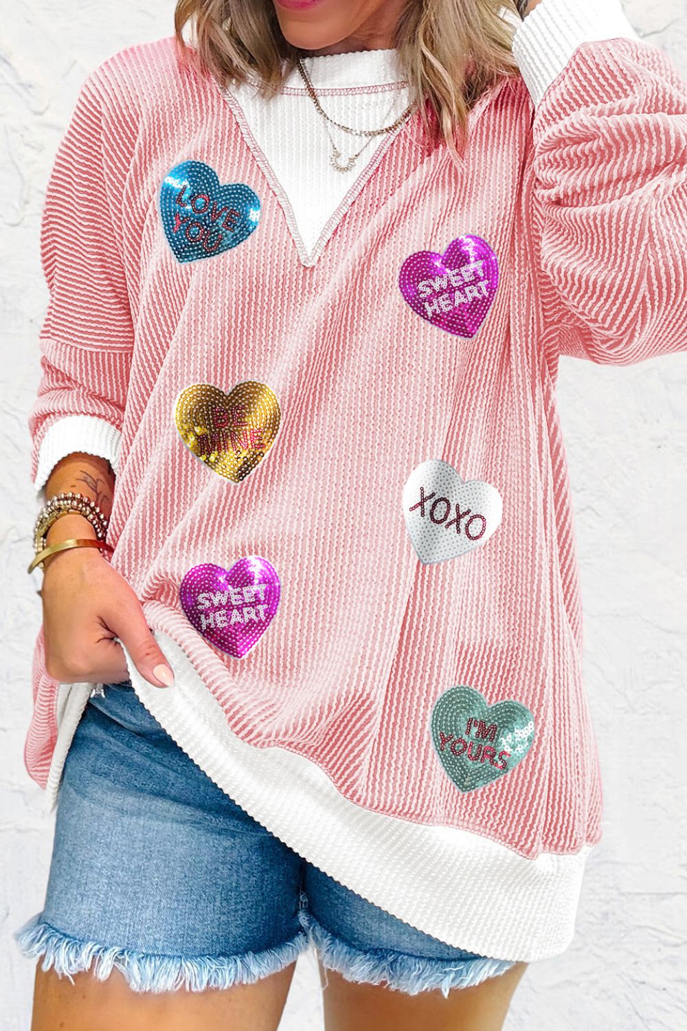 Valentine’s Day Sequin Heart Long Sleeve Sweatshirt-TOPS / DRESSES-[Adult]-[Female]-2022 Online Blue Zone Planet