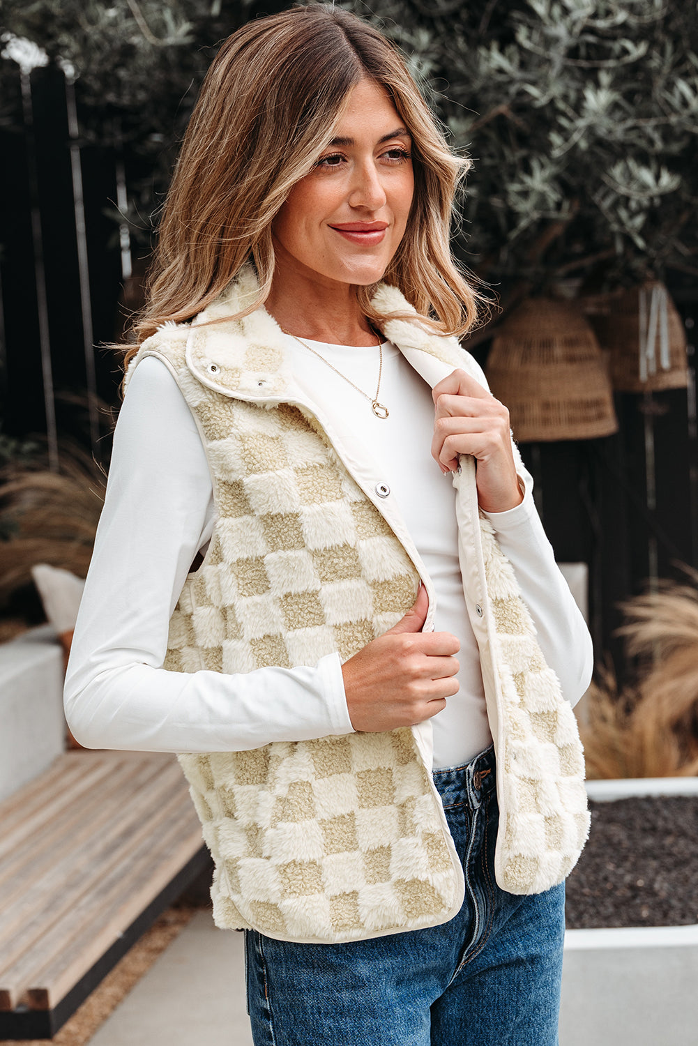 Khaki Sherpa Checkerboard Snap Button Vest Jacket With Pocket-Outerwear/Vests-[Adult]-[Female]-2022 Online Blue Zone Planet