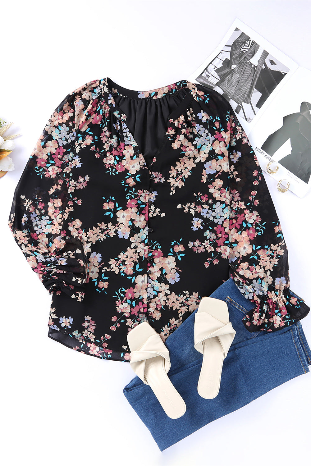 Black Wildflower Print Chiffon Blouse-Tops/Blouses & Shirts-[Adult]-[Female]-2022 Online Blue Zone Planet