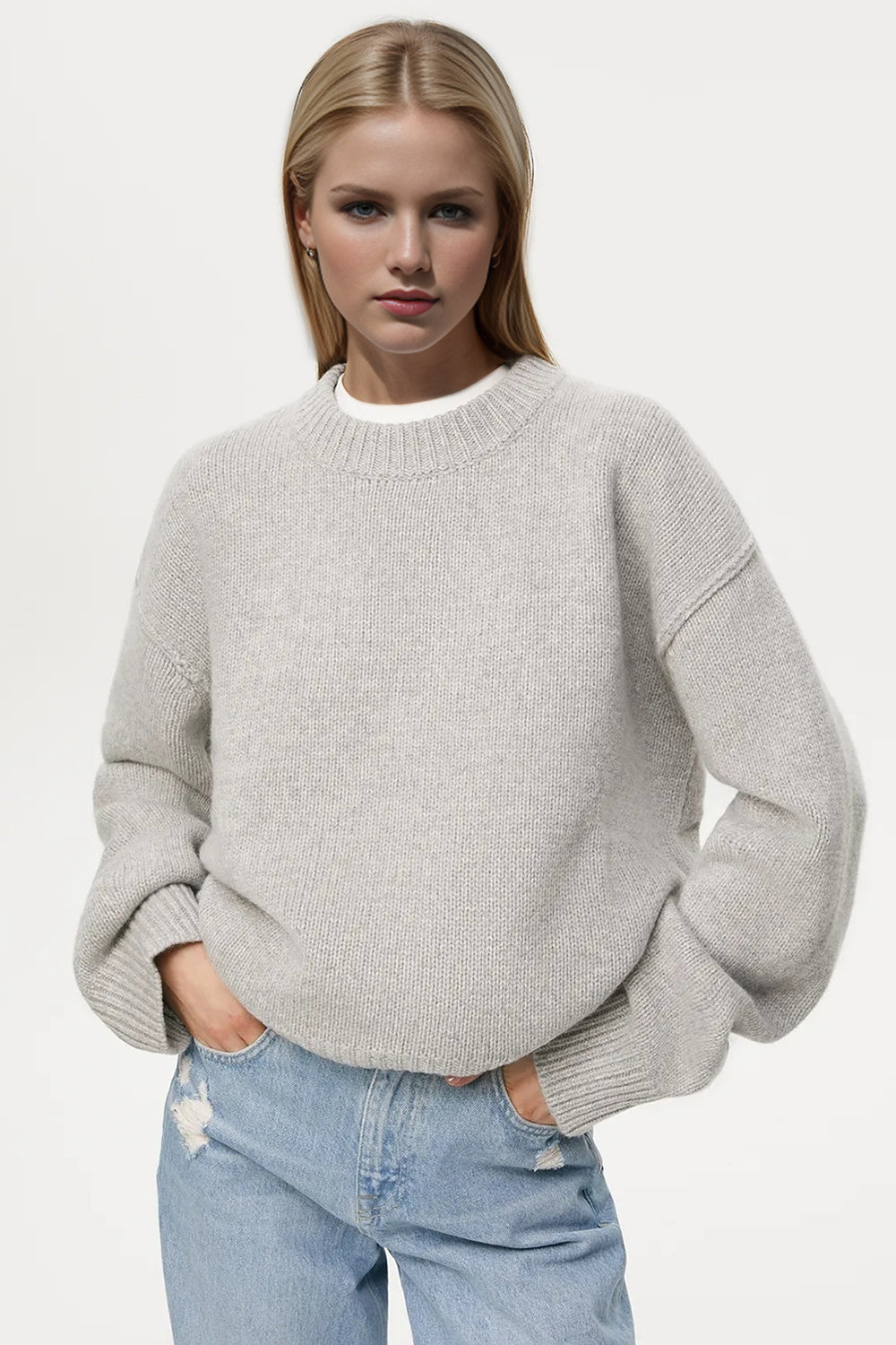 Basic Bae Round Neck Dropped Shoulder Sweater-TOPS / DRESSES-[Adult]-[Female]-Light Gray-One Size-2022 Online Blue Zone Planet