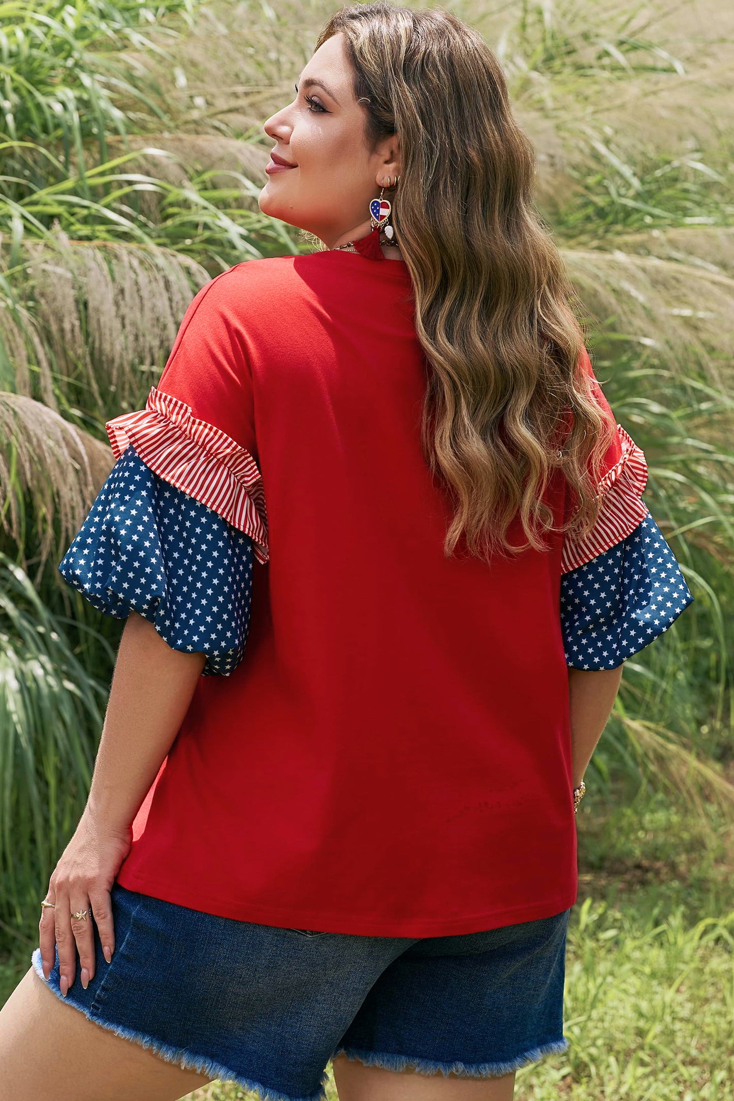 Fiery Red Plus Size Striped Ruffles Star Short Bubble Sleeve Patchwork Top-Plus Size/Plus Size Tops/Plus Size Tops & Tees-[Adult]-[Female]-2022 Online Blue Zone Planet