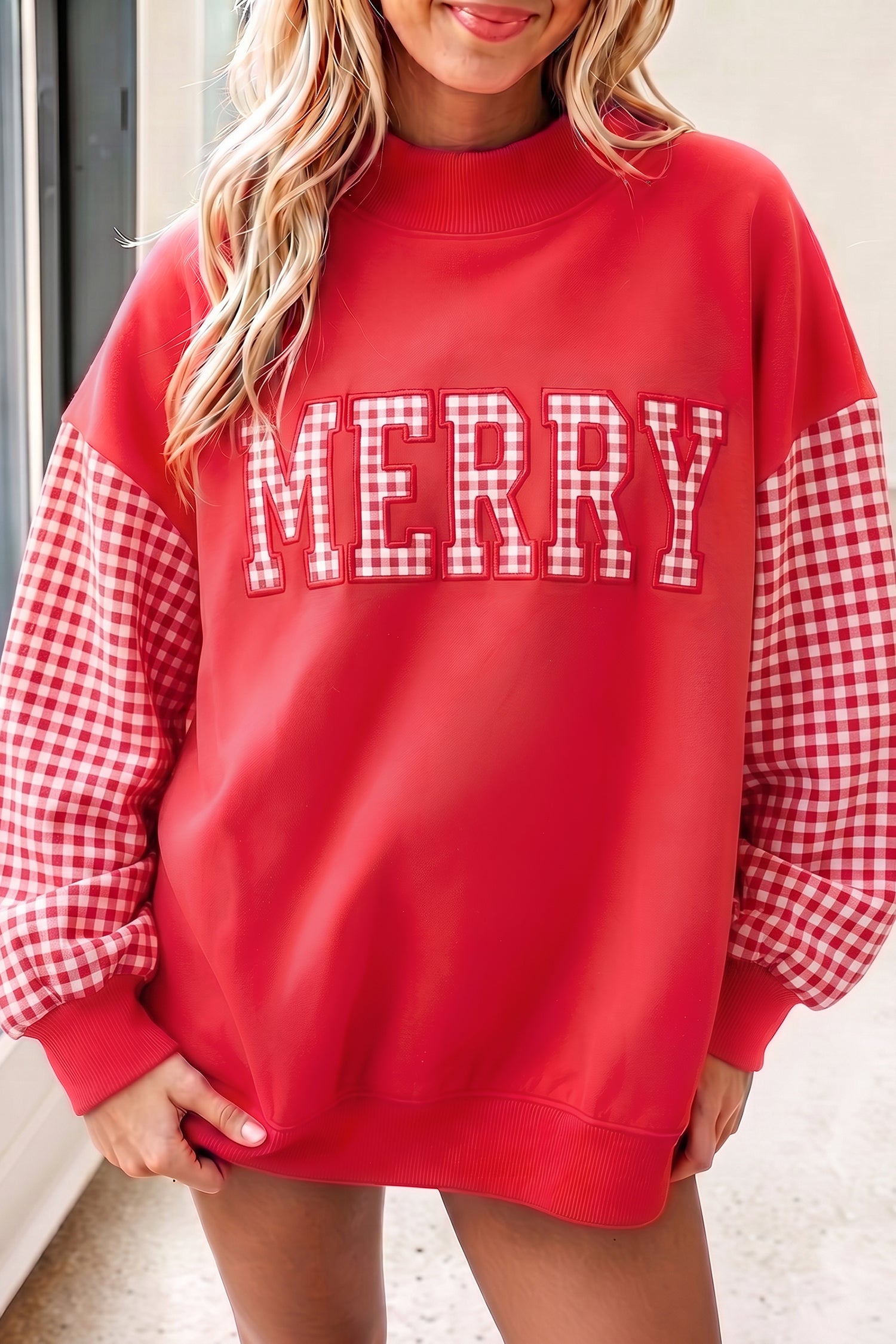 Fiery Red Gingham Plaid Oversized Pullover Sweatshirt-Tops/Sweatshirts & Hoodies-[Adult]-[Female]-Fiery Red-S-2022 Online Blue Zone Planet