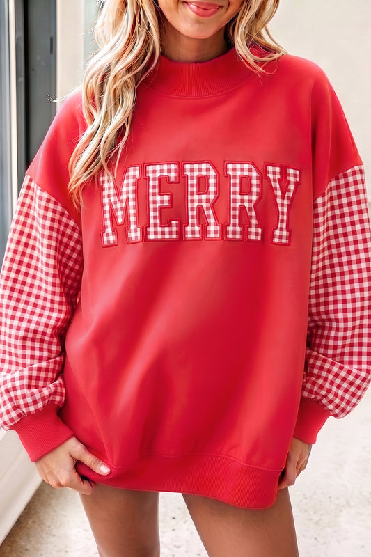 Fiery Red Gingham Plaid Oversized Pullover Sweatshirt-Tops/Sweatshirts & Hoodies-[Adult]-[Female]-Fiery Red-S-2022 Online Blue Zone Planet