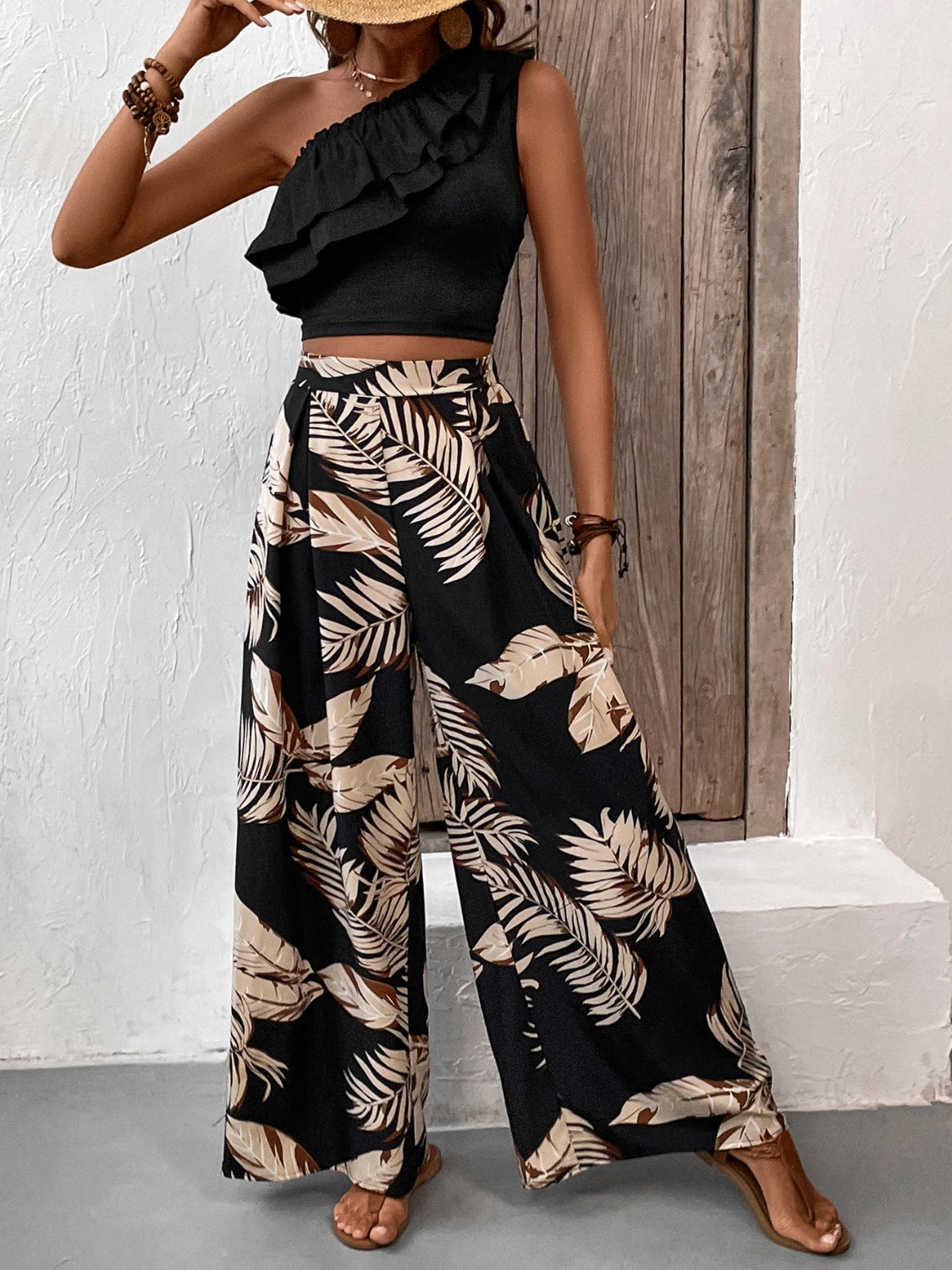 Ruffled Sleeveless Top and Printed Pants Set-TOPS / DRESSES-[Adult]-[Female]-2022 Online Blue Zone Planet