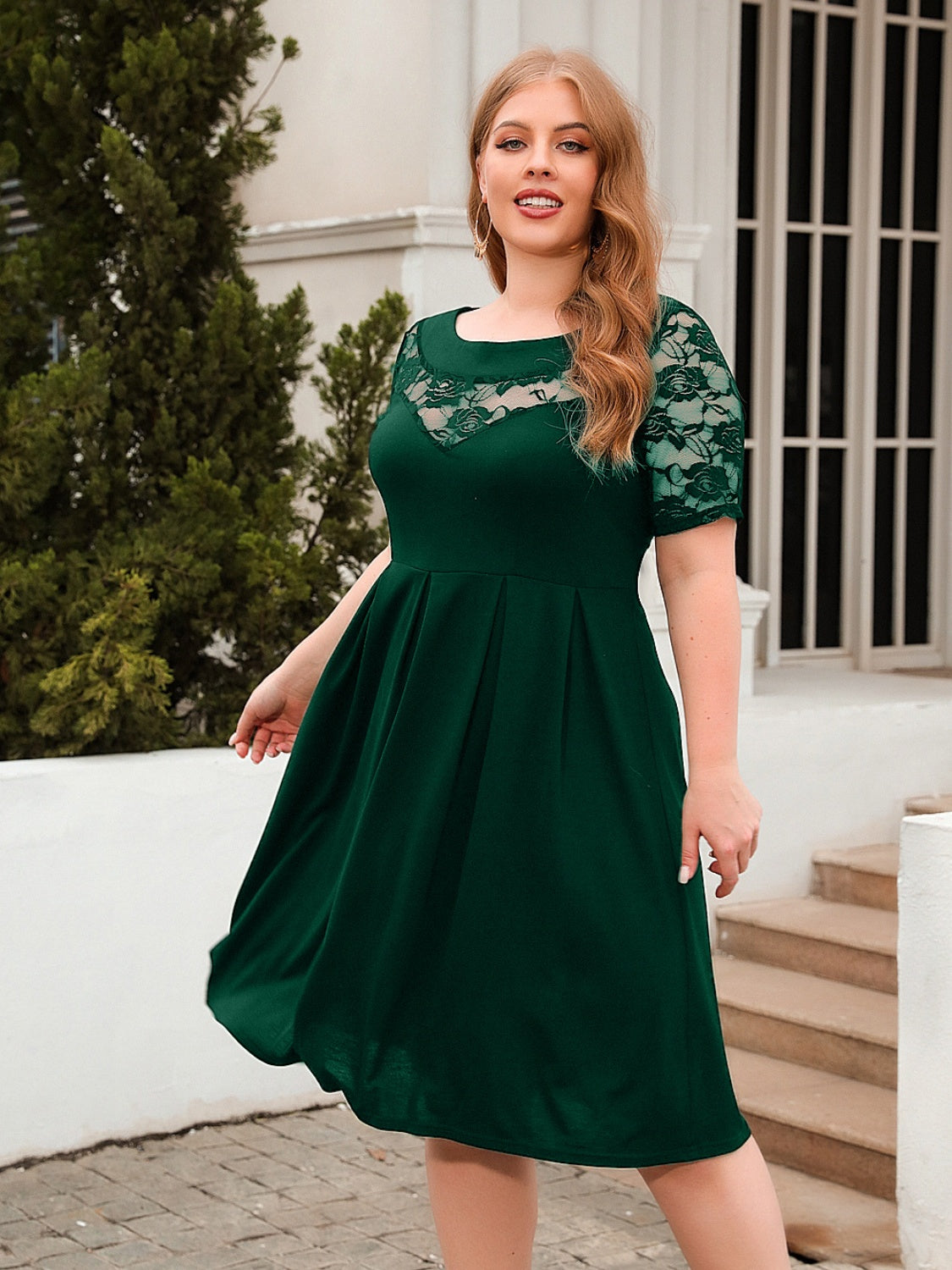 Plus Size Ruched Round Neck Short Sleeve Dress-TOPS / DRESSES-[Adult]-[Female]-2022 Online Blue Zone Planet