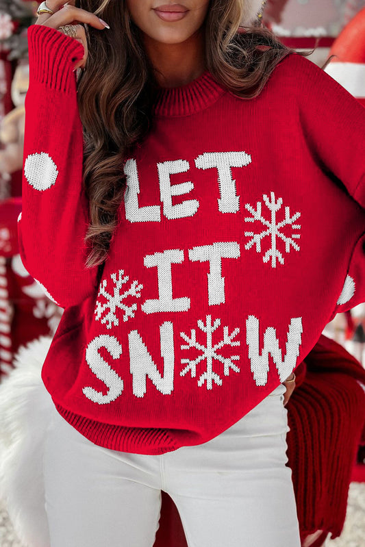 Red Dahlia LET IT SNOW Graphic Christmas Holiday Loose Sweater-Sweaters & Cardigans/Sweaters-[Adult]-[Female]-Red Dahlia-S-2022 Online Blue Zone Planet