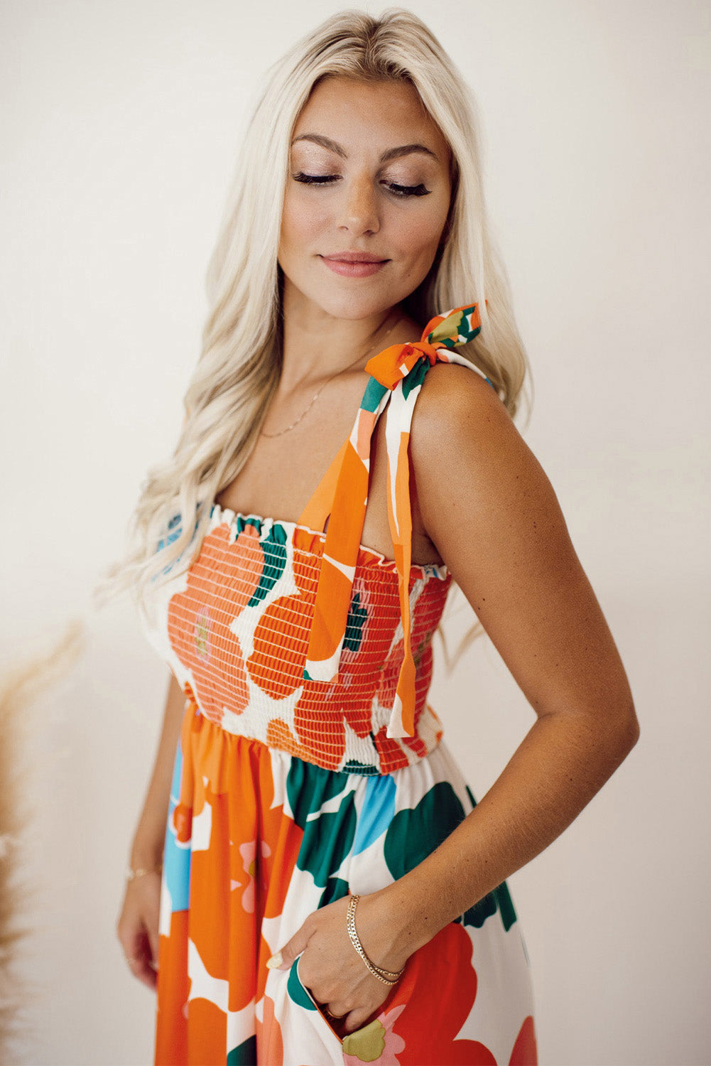 Orange Floral Self Tied Straps Smocked Bust Maxi Dress-Dresses/Floral Dresses-[Adult]-[Female]-2022 Online Blue Zone Planet