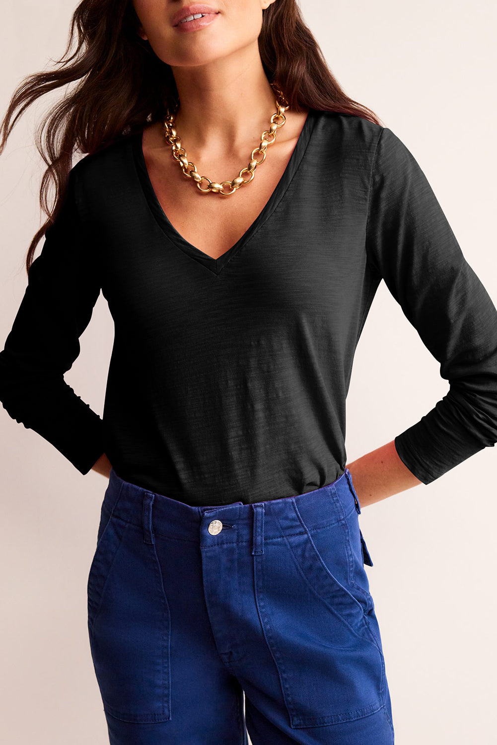 Black Solid Color V Neck Long Sleeve Stretchy Top-Tops/Long Sleeve Tops-[Adult]-[Female]-Black-S-2022 Online Blue Zone Planet