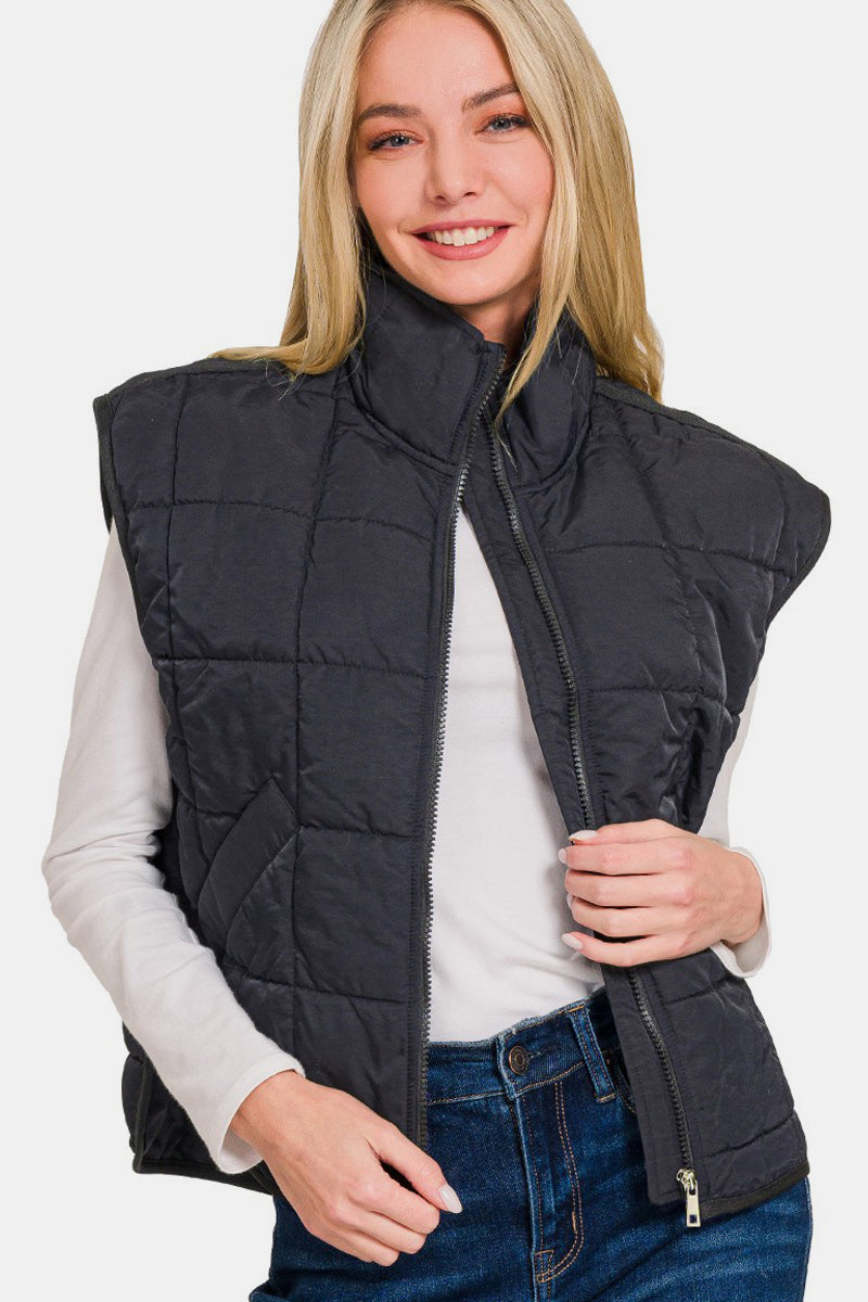 Blue Zone Planet | Zenana Zip Up Cropped Puffer Vest with Pockets-TOPS / DRESSES-[Adult]-[Female]-Black-S-2022 Online Blue Zone Planet