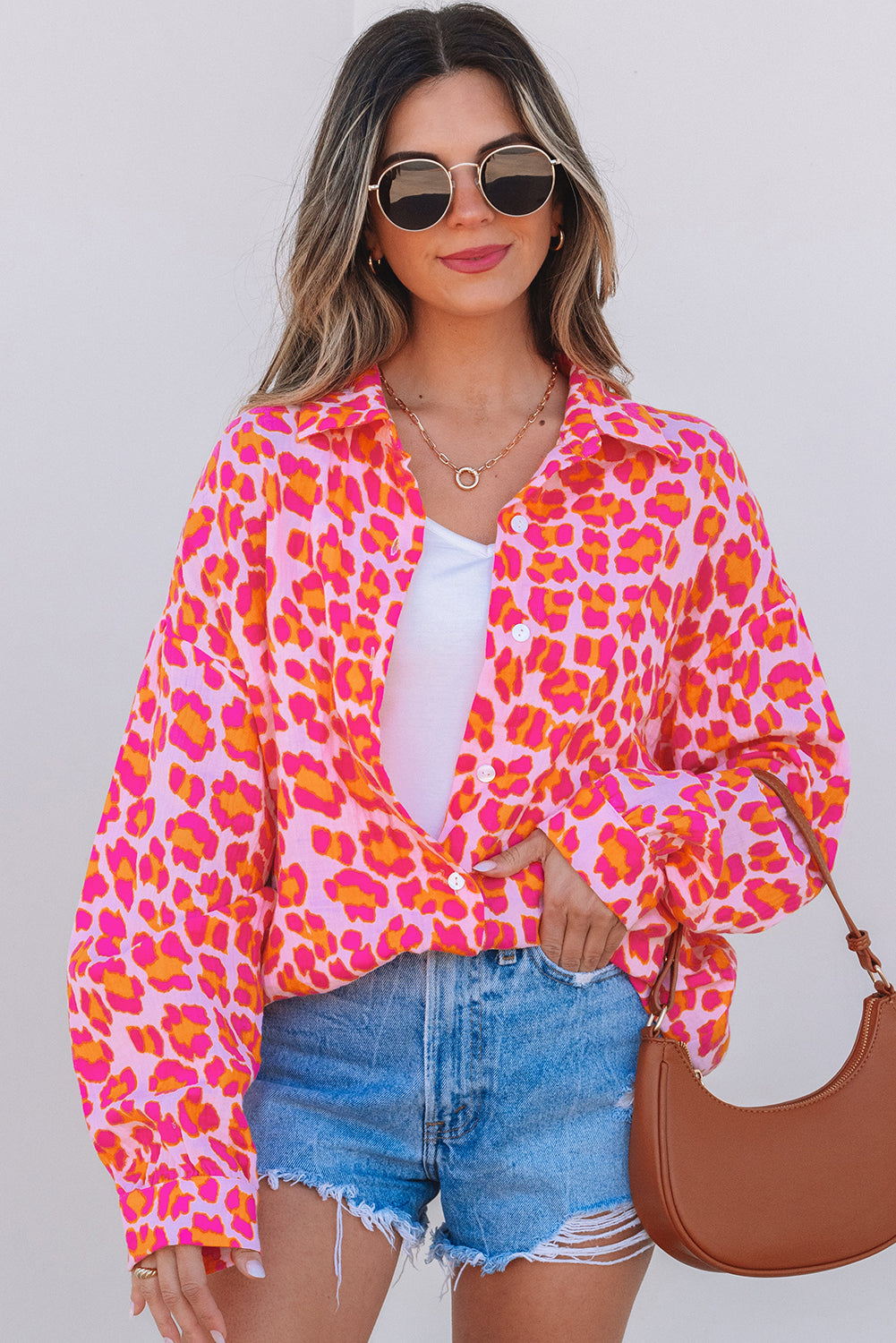 Blue Zone Planet | Rose Leopard Printed Button Up Loose Shirt-Tops/Blouses & Shirts-[Adult]-[Female]-2022 Online Blue Zone Planet