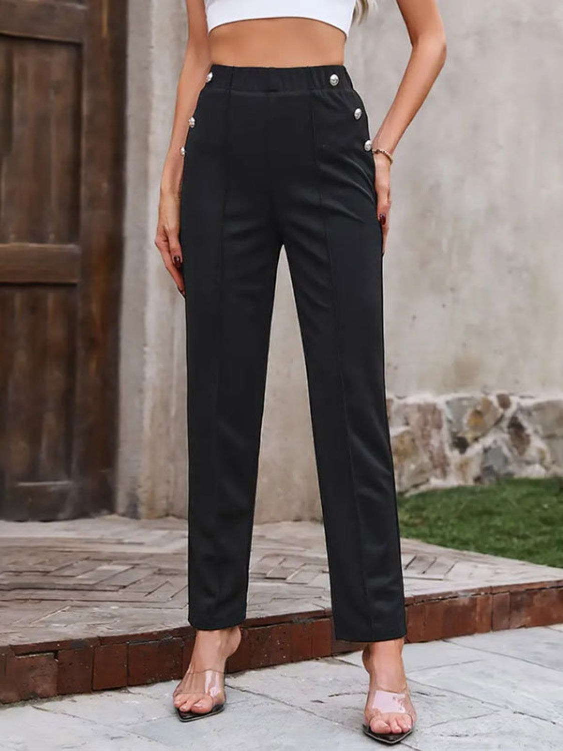 Decorative Button Elastic Waist Pants-TOPS / DRESSES-[Adult]-[Female]-2022 Online Blue Zone Planet