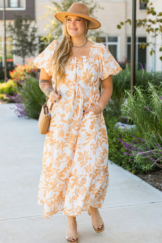 Blue Zone Planet | Apricot Floral Print Puff Short Sleeve Resort Plus Size Maxi Dress-TOPS / DRESSES-[Adult]-[Female]-Apricot-1X-2022 Online Blue Zone Planet