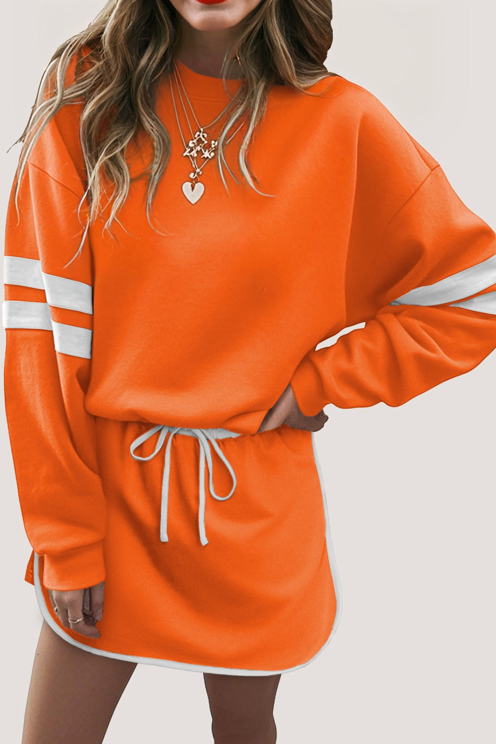 Orange Varsity Stripe Detail Drop Shoulder Pullover Mini Skirt Set-Two Piece Sets/Two Piece Dresses-[Adult]-[Female]-2022 Online Blue Zone Planet