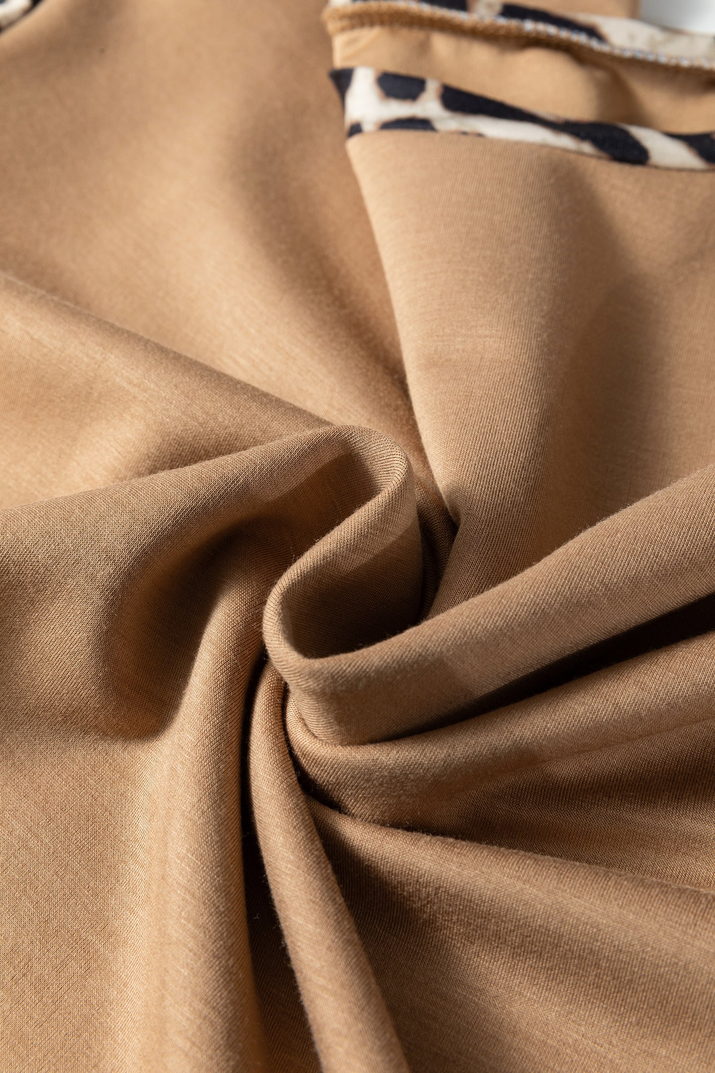 Light French Beige Leopard Trim Round Neck Loose T Shirt-Tops/Tops & Tees-[Adult]-[Female]-2022 Online Blue Zone Planet