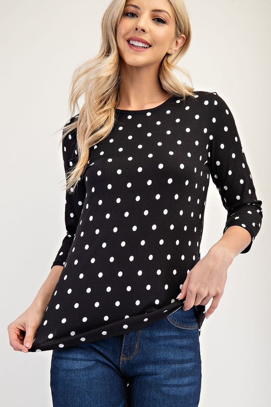 Celeste Full Size Polka Dot Round Neck Three-Quarter Sleeve T-Shirt-TOPS / DRESSES-[Adult]-[Female]-2022 Online Blue Zone Planet