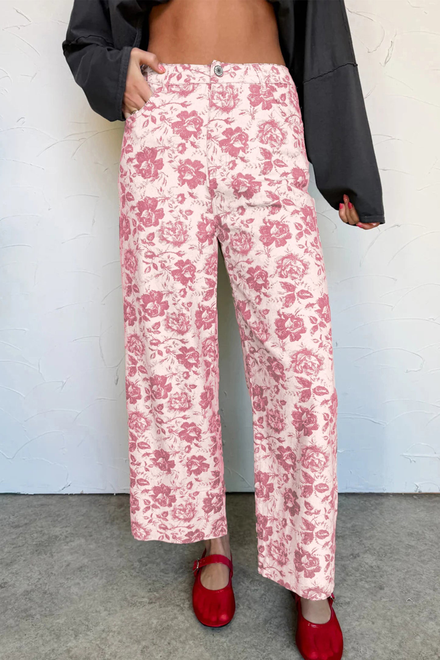 Pink Vintage Floral Print Denim Shift Pants-Bottoms/Jeans-[Adult]-[Female]-Pink-4-2022 Online Blue Zone Planet