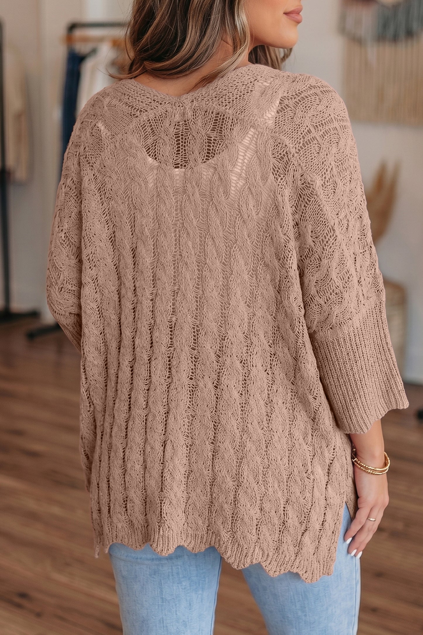 Old Rose Hollowed Pattern Knit Drop Shoulder Open Sweater Cardigan-Sweaters & Cardigans/Cardigans-[Adult]-[Female]-2022 Online Blue Zone Planet