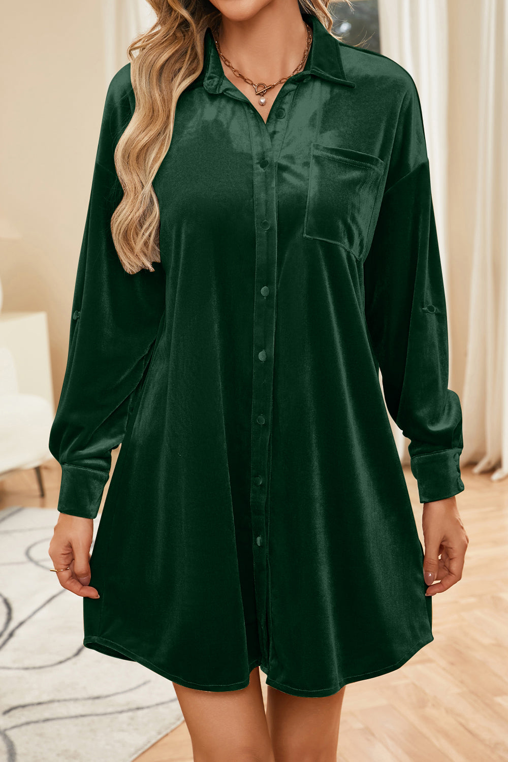 Velvet Collared Neck Long Sleeve Mini Dress-TOPS / DRESSES-[Adult]-[Female]-Army Green-S-2022 Online Blue Zone Planet