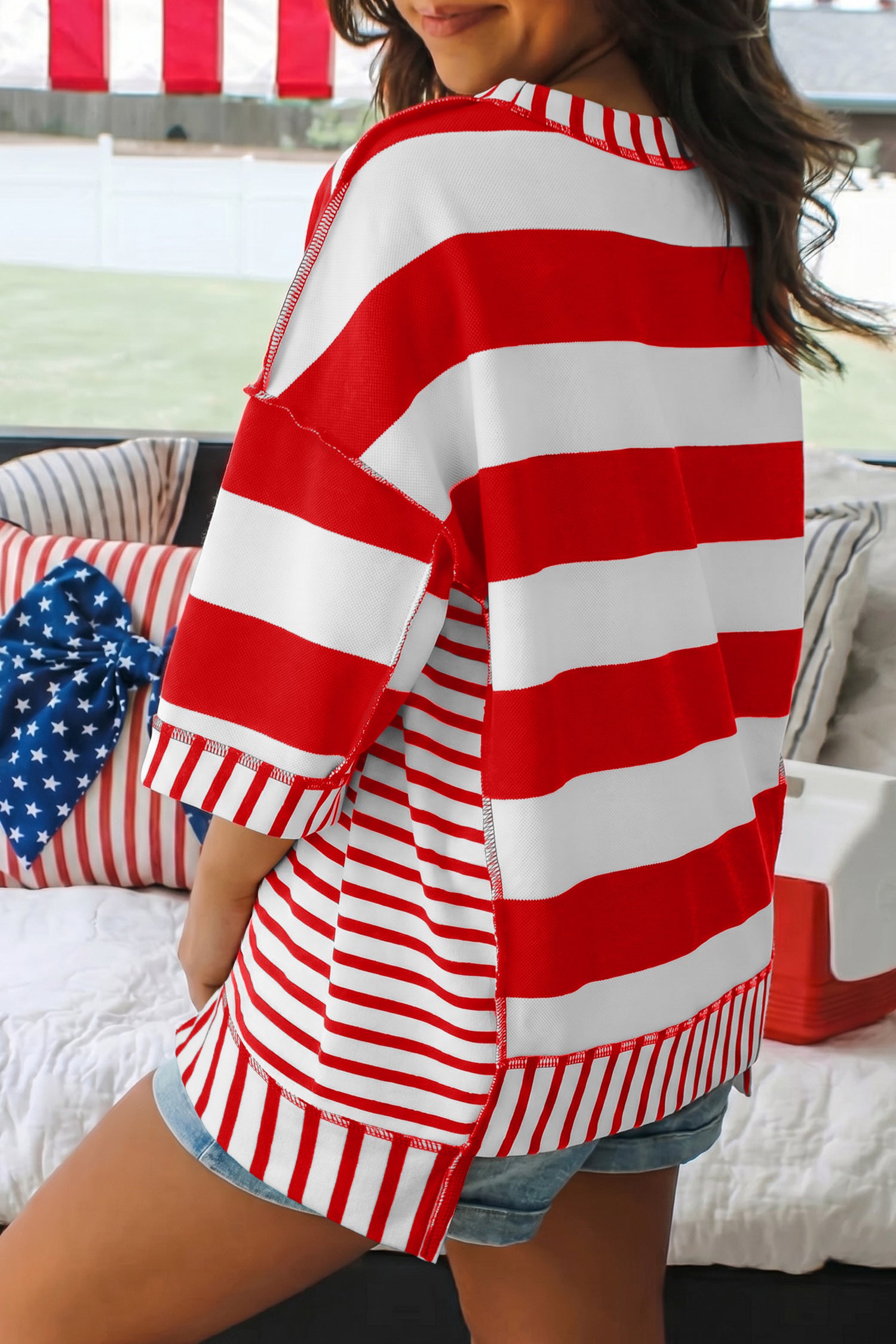 Red Stripe Sequin Bow Patriotic Half Sleeve Top-Tops/Tops & Tees-[Adult]-[Female]-2022 Online Blue Zone Planet