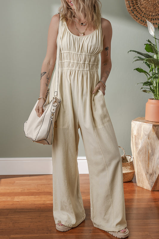 Beige Ruched High Waist Sleeveless Wide Leg Jumpsuit-Bottoms/Jumpsuits & Rompers-[Adult]-[Female]-Beige-S-2022 Online Blue Zone Planet